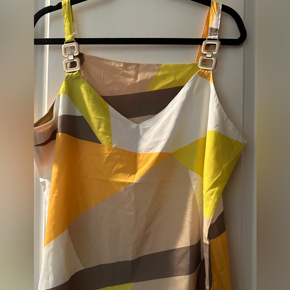 Geometric Print Satin Slip blouse - Yellow, White, Brown Size 2X